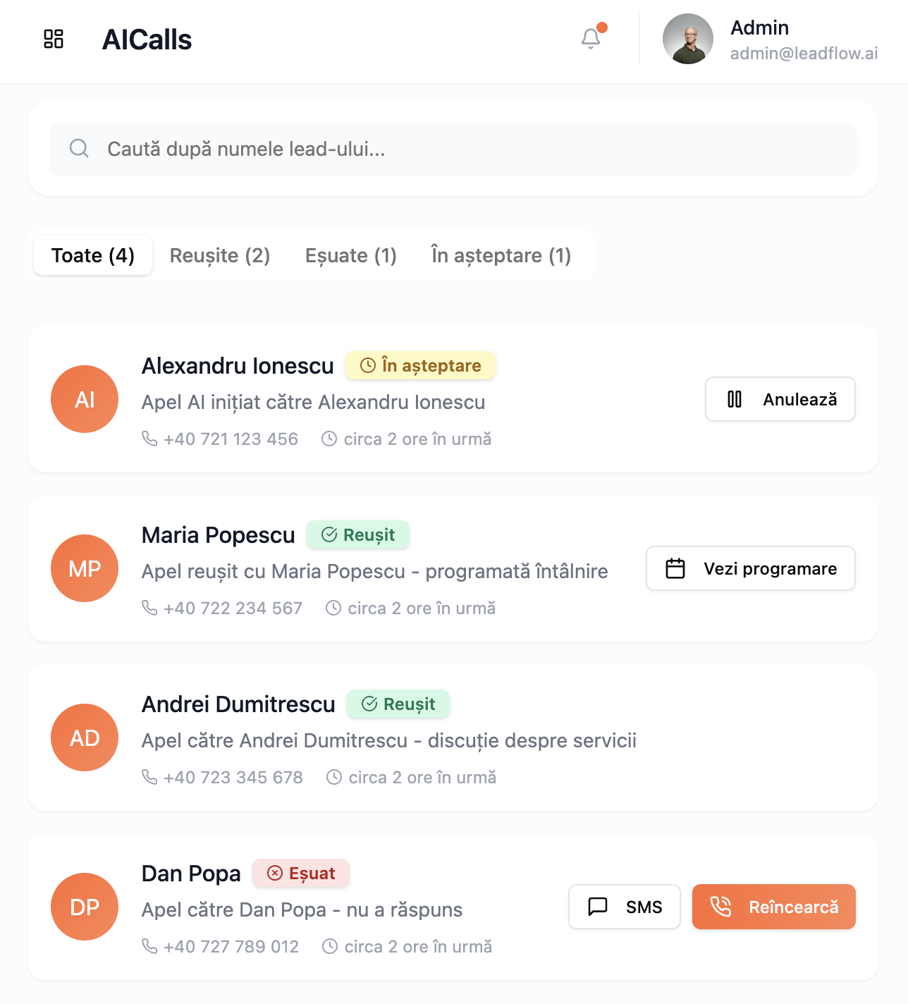 Log-ul de apeluri/SMS din CRM